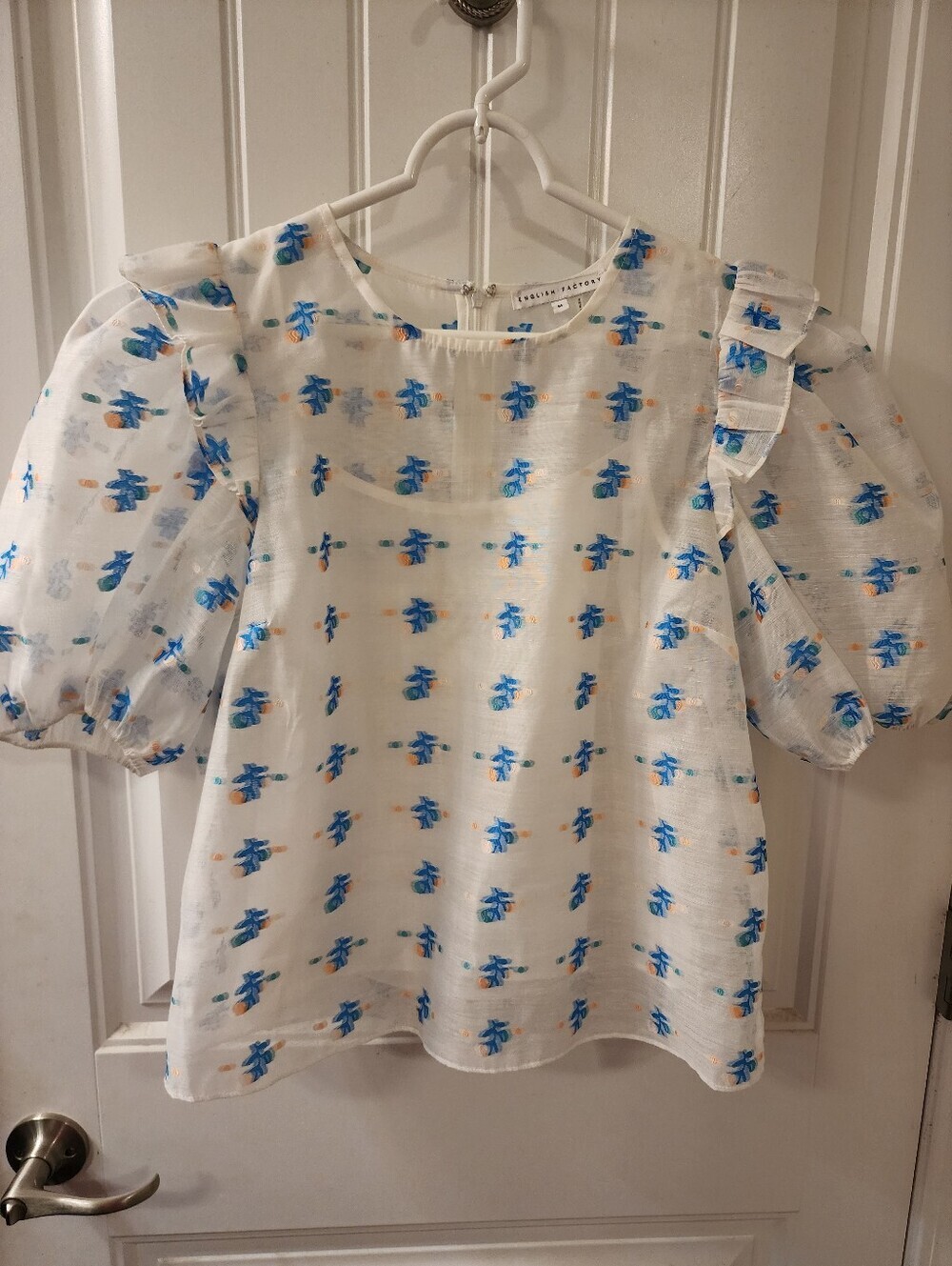 English Factory Floral Embroidered Organza Puff Sleeve Ruffle Top Blue White